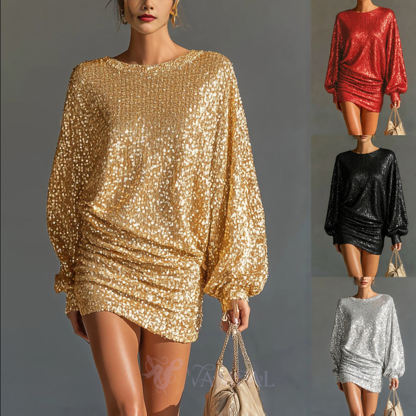 Sequin Party Evening Dress With Lantern Sleeves