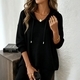 Waffle Knit Pullover Hoodie Solid Color Loose Fit Women