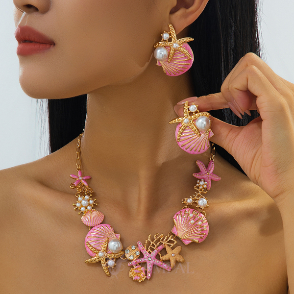 Colorful Enamel Starfish Shell Coral Earrings And Necklace Set For Women