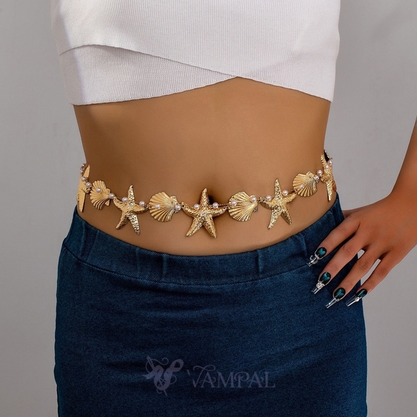 YLC-YL-1922 Gold Waist Chain Starfish Shell Faux Pearl Waist Chain Beach Vacation Jewelry For Women