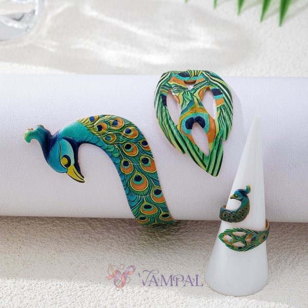 YLC-TZ-2841 Color Set Colorful Peacock Enamel Cuff Bracelet Ring Set Ethnic Style