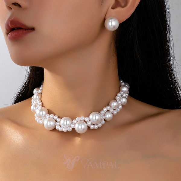 YLC-TZ-2274 White Set Retro Faux Pearl Necklace And Earring Set For Women