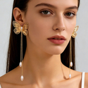 YLC-ES-2889 Gold Earrings French Style Butterfly Tassel Pearl Drop Earrings