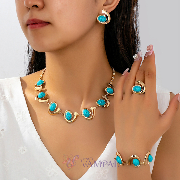 YLC-TZ-2259 Gold Set Vintage Inlaid Blue Turquoise Spiral Jewelry Set For Women