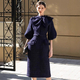 Dark blue Tweed Mid-Sleeve Bow Slim-Fit Dress