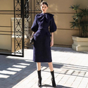 Dark blue Tweed Mid-Sleeve Bow Slim-Fit Dress