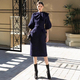 Dark blue Tweed Mid-Sleeve Bow Slim-Fit Dress