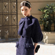 Dark blue Tweed Mid-Sleeve Bow Slim-Fit Dress