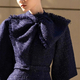 Dark blue Tweed Mid-Sleeve Bow Slim-Fit Dress