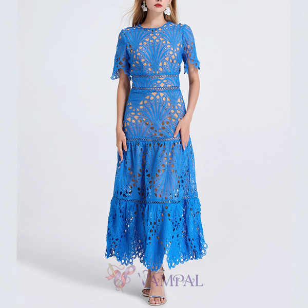 Blue French-Style Hollow-Out Lace Trim Long Dress