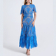 Blue French-Style Hollow-Out Lace Trim Long Dress