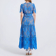 Blue French-Style Hollow-Out Lace Trim Long Dress