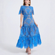 Blue French-Style Hollow-Out Lace Trim Long Dress