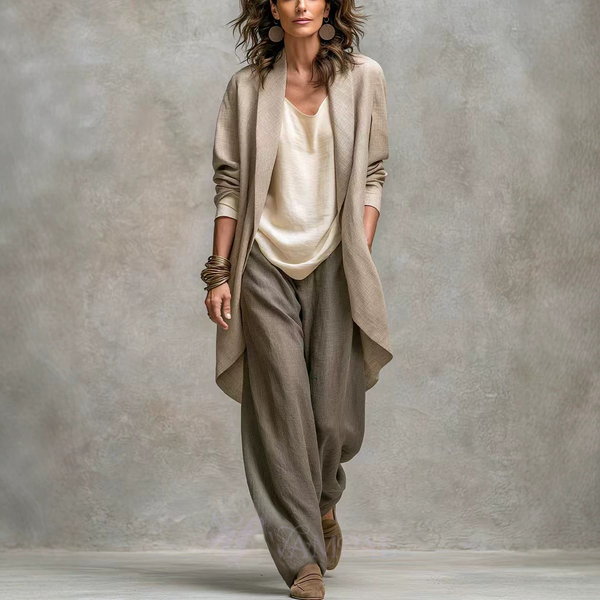 Khaki Irregular Cardigan And Wide-Leg Pants 3-Piece Set