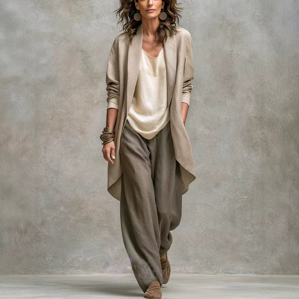 Khaki Irregular Cardigan And Wide-Leg Pants 3-Piece Set