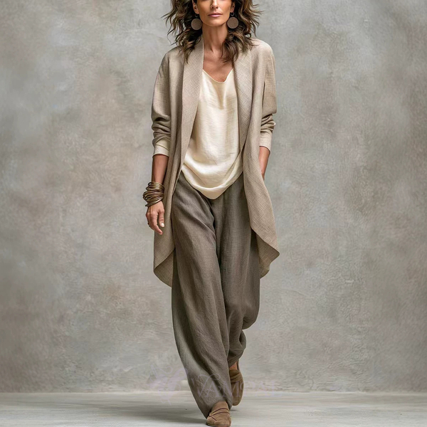 Khaki Irregular Cardigan And Wide-Leg Pants 3-Piece Set