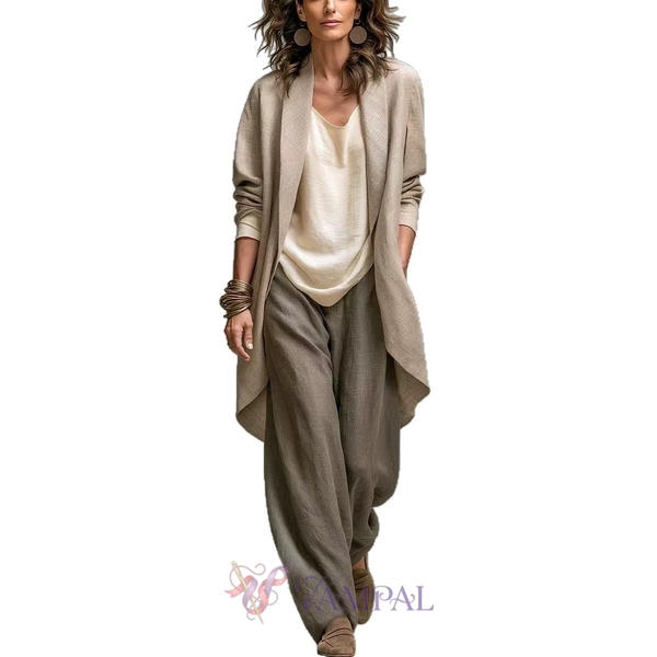 Khaki Irregular Cardigan And Wide-Leg Pants 3-Piece Set