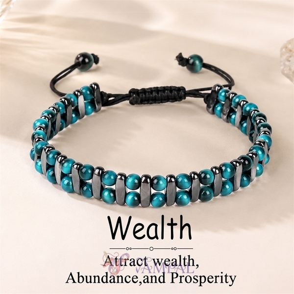 Retro-blaues Tigeraugenstein-Schwarzgallstein-Armband, zweilagig gewebt mit Perlen
