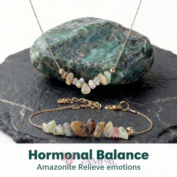 L2107 Bracelet + Necklace Bohemian Natural Amazonite Beaded Bracelet Necklace Set