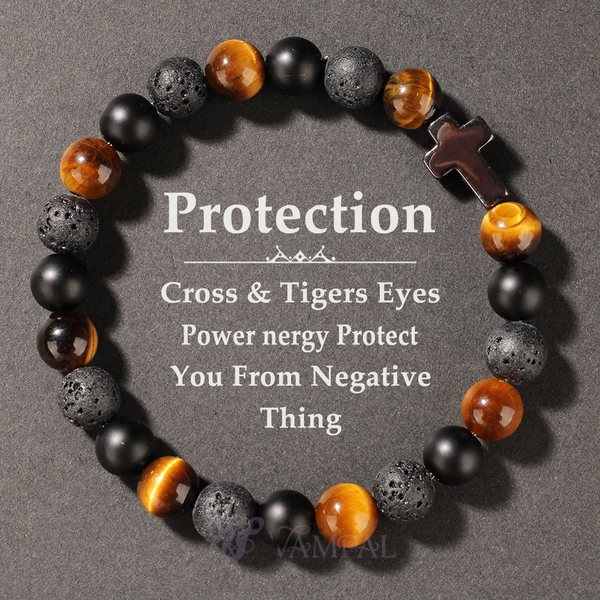 L1246 (Natürlicher Tigerauge) Schwarzes Tigerauge Vulkangestein Perlenarmband Kreuz