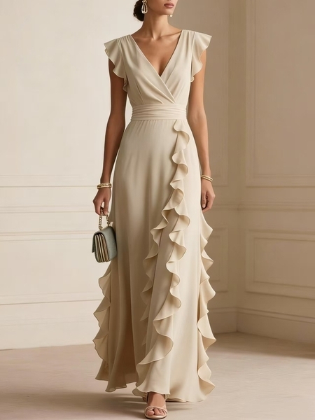 Einfarbiges plissiertes langarmes V-Ausschnitt-Kleid