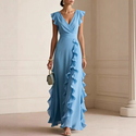 Einfarbiges plissiertes langarmes V-Ausschnitt-Kleid
