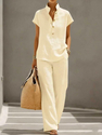 Women's Casual Open-Front Short Sleeve And Long Pants Solid Color Set