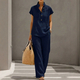 Women's Casual Open-Front Short Sleeve And Long Pants Solid Color Set
