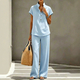 Women's Casual Open-Front Short Sleeve And Long Pants Solid Color Set