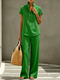 Women's Casual Open-Front Short Sleeve And Long Pants Solid Color Set
