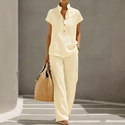 Women's Casual Open-Front Short Sleeve And Long Pants Solid Color Set