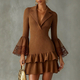 Caramel Light Luxury Lace Mesh Flared Sleeve Short Dress