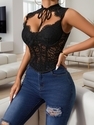 Black Lace Sheer Mesh Corset High-Neck Lace-Up Vest