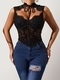 Black Lace Sheer Mesh Corset High-Neck Lace-Up Vest