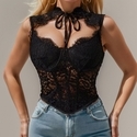 Black Lace Sheer Mesh Corset High-Neck Lace-Up Vest