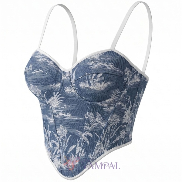 Blue Court Print Tube Top Corset Bustier Waist Trainer