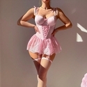 Rosa Rosa Schnür-Fischgräten-Bodysuit-Dessous-Set