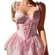 Pink Pink Lace-Up Fishbone Bodysuit Lingerie Set