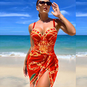 One-Piece Swimsuit With Open Back Print And Bikini Cover-Up Set