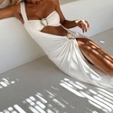 White Solid Color Strapless Bikini Set With One-Shoulder Cover-Up