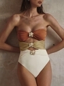 As shown in the picture Cutout One-Piece Bikini Swimsuit Color-Block Strapless Metal Flower