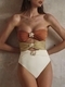 As shown in the picture Cutout One-Piece Bikini Swimsuit Color-Block Strapless Metal Flower