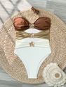 As shown in the picture Cutout One-Piece Bikini Swimsuit Color-Block Strapless Metal Flower