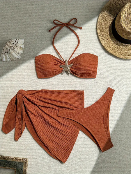 As shown in the picture Solid Color 3-Piece Bikini Set With Tube Top And Beach Dress