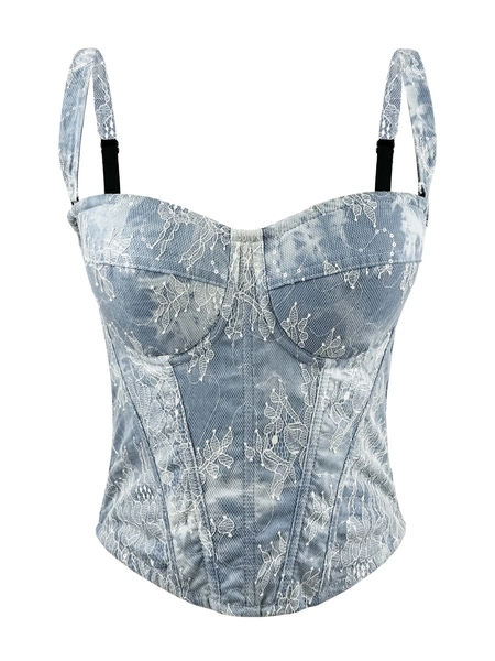 Vintage Denim Halter Strapless Embroidered Lace Corset Top