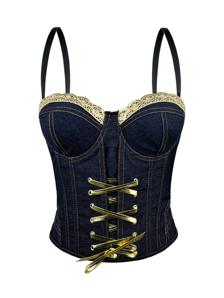 Denim blaues Denim-Schnür-Korsett-Cami-Top schlankmachendes Bodycon