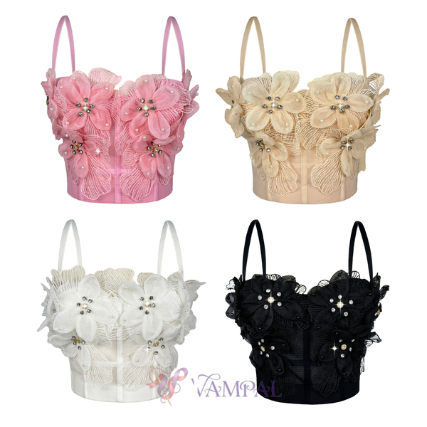 3D Floral Rhinestone Mesh Corset Camisole Top