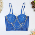 Denim Blue Rhinestone Beaded Fishbone Corset Tube Top Denim Camisole