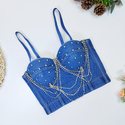 Denim Blue Rhinestone Beaded Fishbone Corset Tube Top Denim Camisole