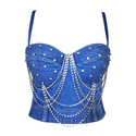 Denim Blue Rhinestone Beaded Fishbone Corset Tube Top Denim Camisole